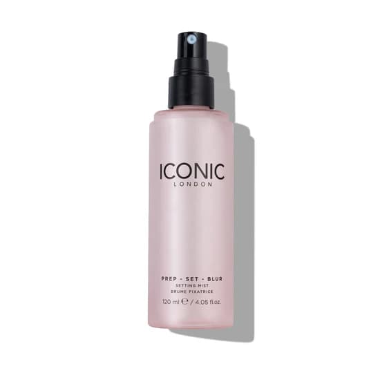Spray fixateur maquillage Iconic London Prep Set Blur, brume fixatrice effet floutant, flacon 120 ml sans capuchon, fond blanc