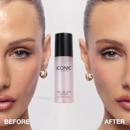 Avant après spray fixateur maquillage Iconic London Prep Set Blur, effet floutant pores et lissage du teint, résultat peau plus lisse et uniforme