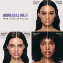 Avant après Iconic London Prep Set Glow et Prep Set Blur sur différents types de peau, spray fixateur maquillage universel adapté à toutes les carnations, teint lumineux ou effet flouté