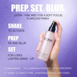 Iconic London Prep Set Blur spray fixateur maquillage, brume ultra-fine effet floutant, fixation longue tenue, enrichi en niacinamide, prébiotique illuminateur, absorbe l’excès de sébum, vegan et cruelty free, adapté à toutes les carnations