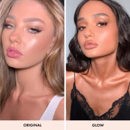 Comparaison maquillage avant après effet glow avec Iconic London Prep-Set-Glow, teint lumineux, peau éclatante, finition glossy naturelle, résultat original vs glow
